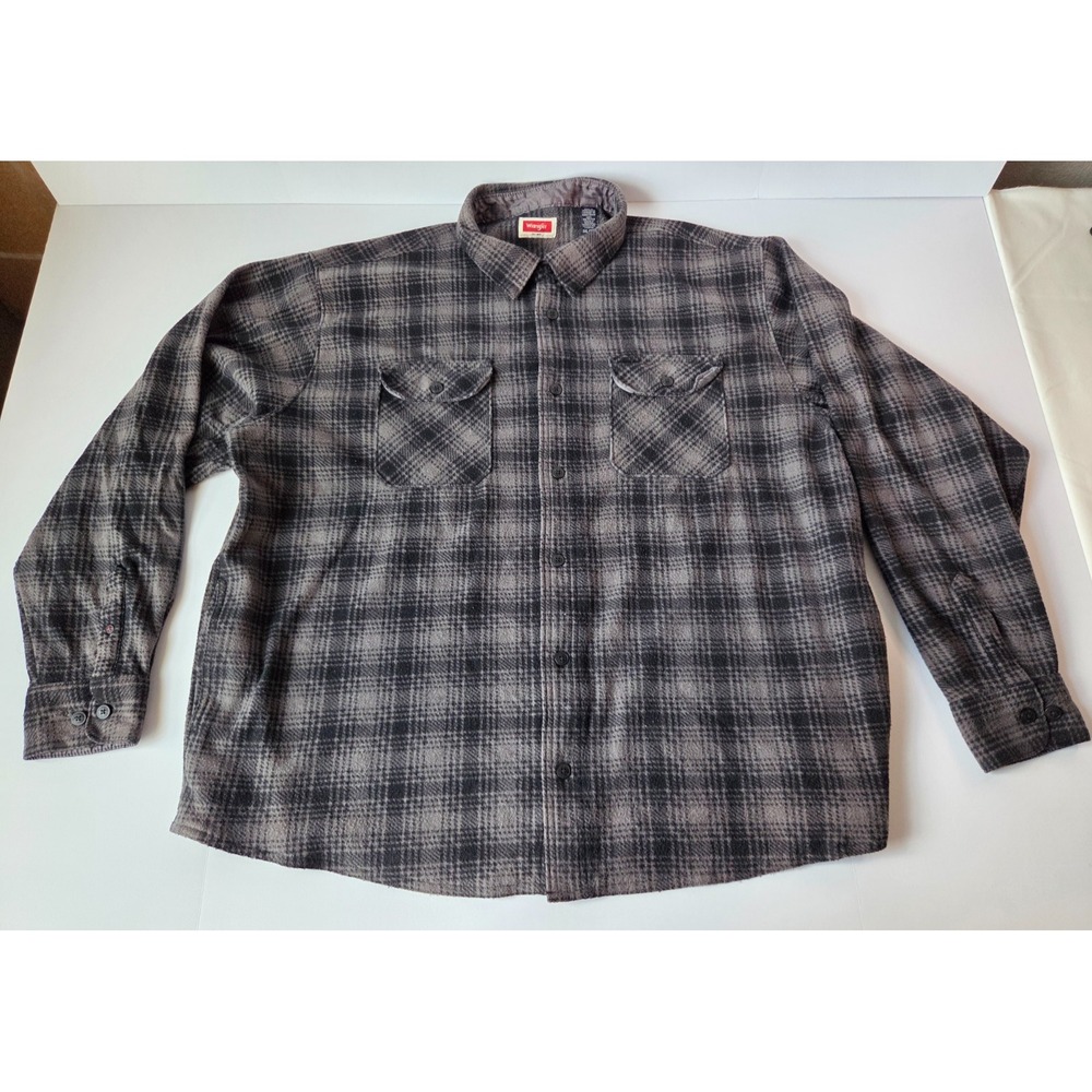 Wrangler Flannel Mens 3 Extra Large Gray Black Plaid Long Sleeve Polo Shirt
